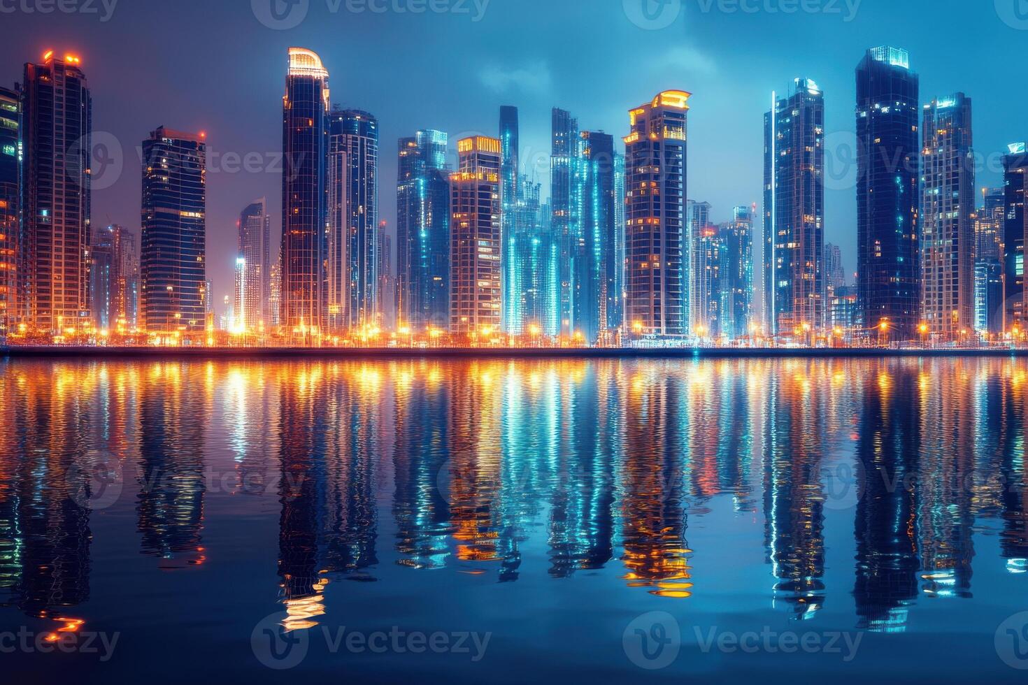 Stunning urban skyline of Dubai illuminated at night with vibrant reflections on calm waters photo