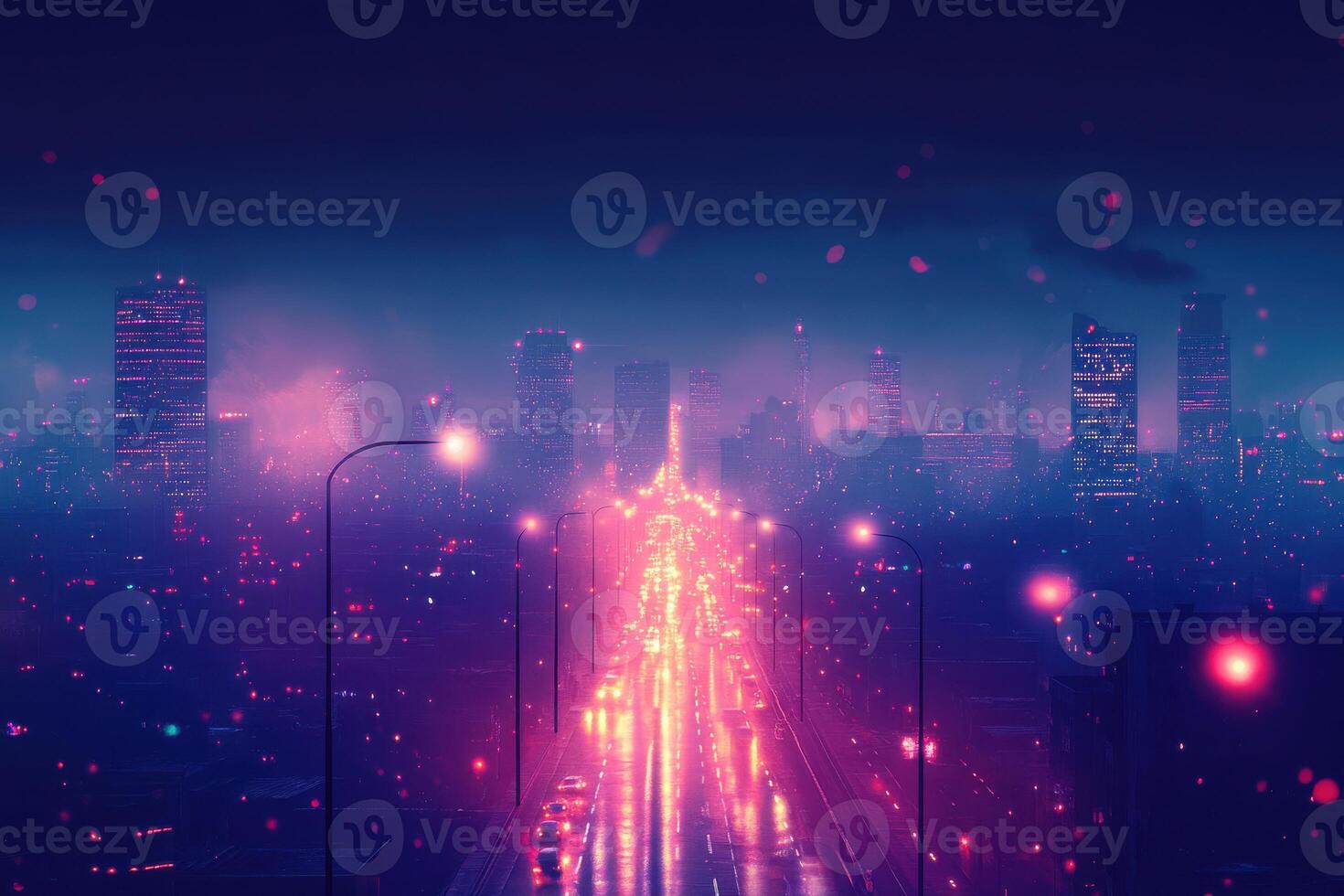 Vibrant city skyline at night with glowing city streets and illuminated buildings photo