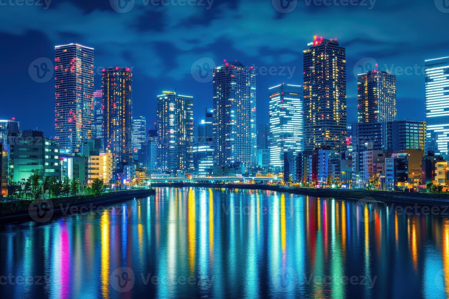 Vibrant city skyline at night with reflections in the calm river and illuminated skyscrapers photo