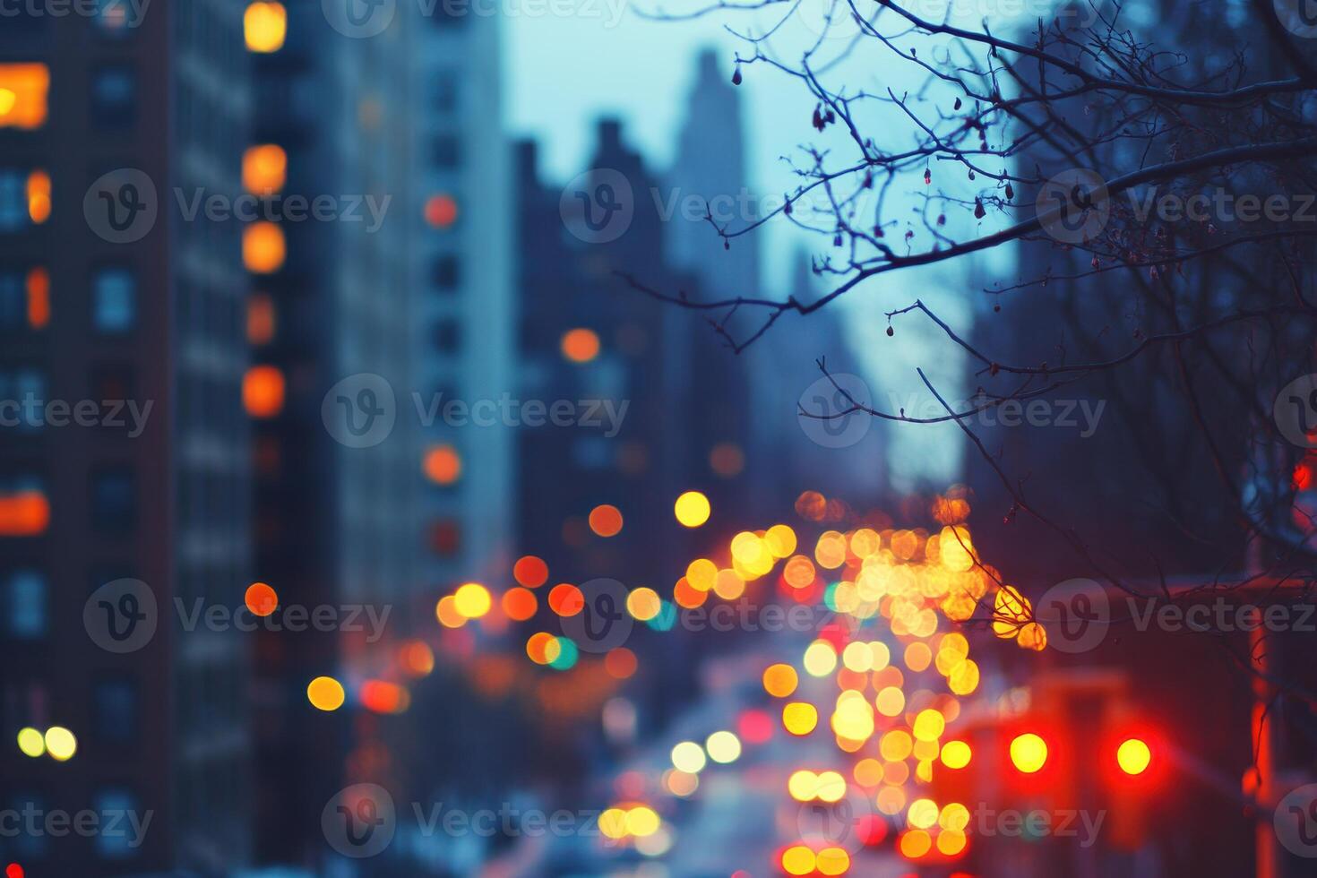 City street illuminated by evening lights with blurred buildings in the background photo