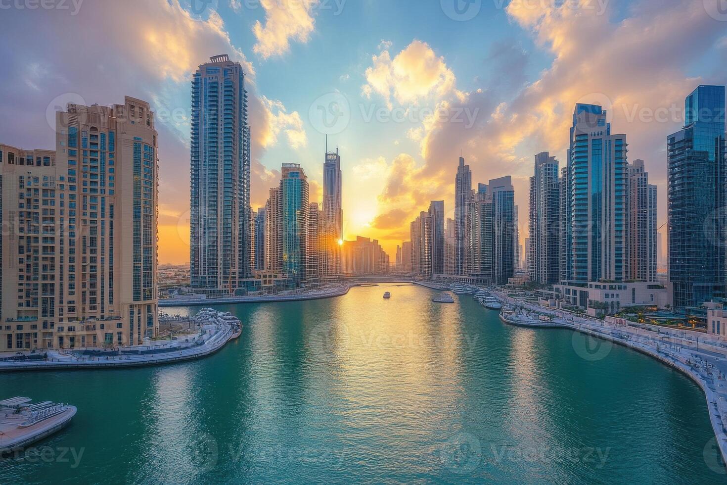 Stunning sunset over Dubai Marina with skyscrapers reflecting golden light on the water photo