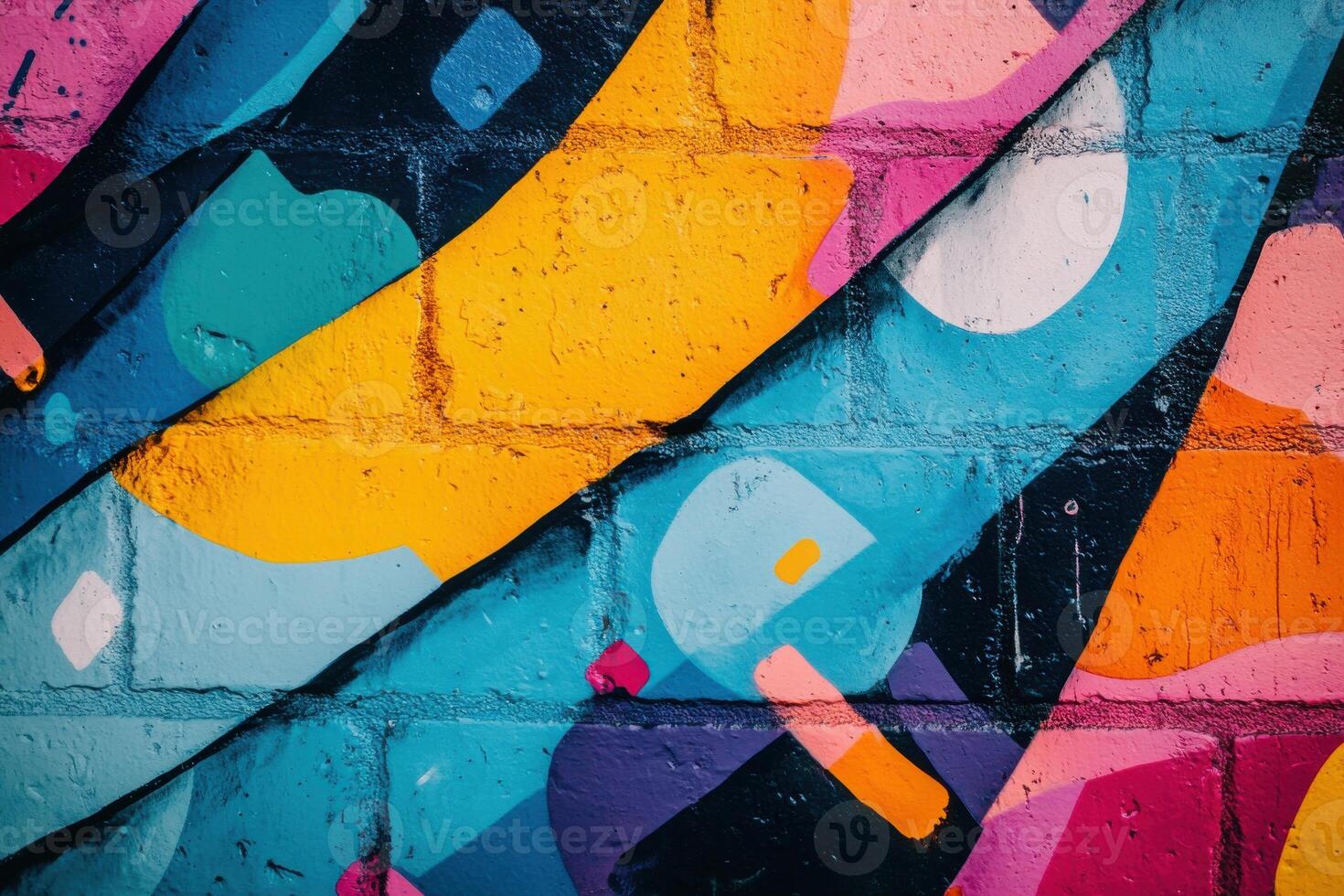 Vibrant abstract mural featuring bold colors and dynamic shapes on a brick wall in an urban setting photo