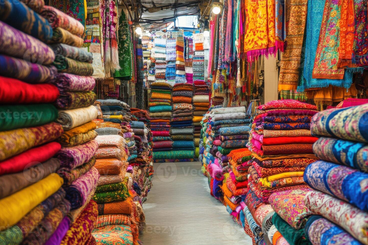 Vibrant textile market brimming with colorful fabrics and textiles on a bustling afternoon photo