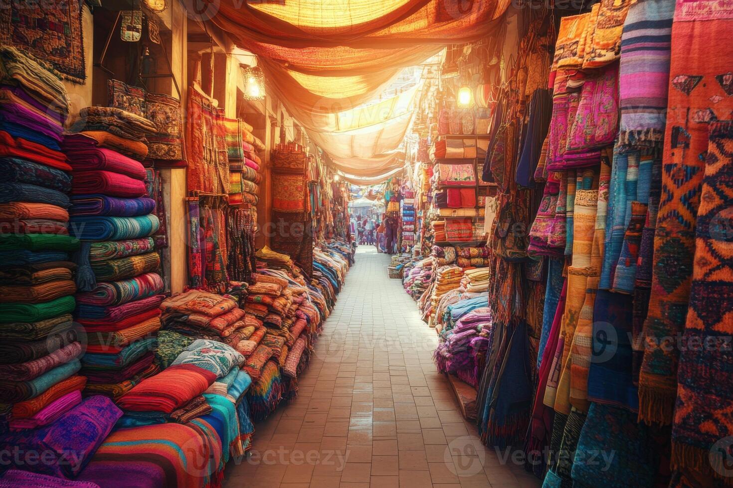 Colorful textile market alley with vibrant fabrics in a bustling bazaar during late afternoon photo