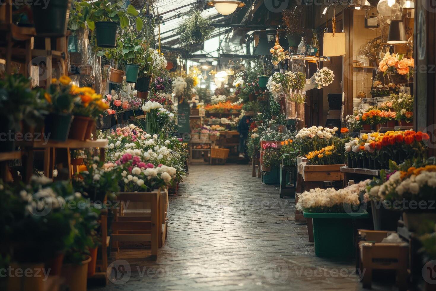 Vibrant flower market filled with fresh blooms and greenery during a sunny afternoon photo