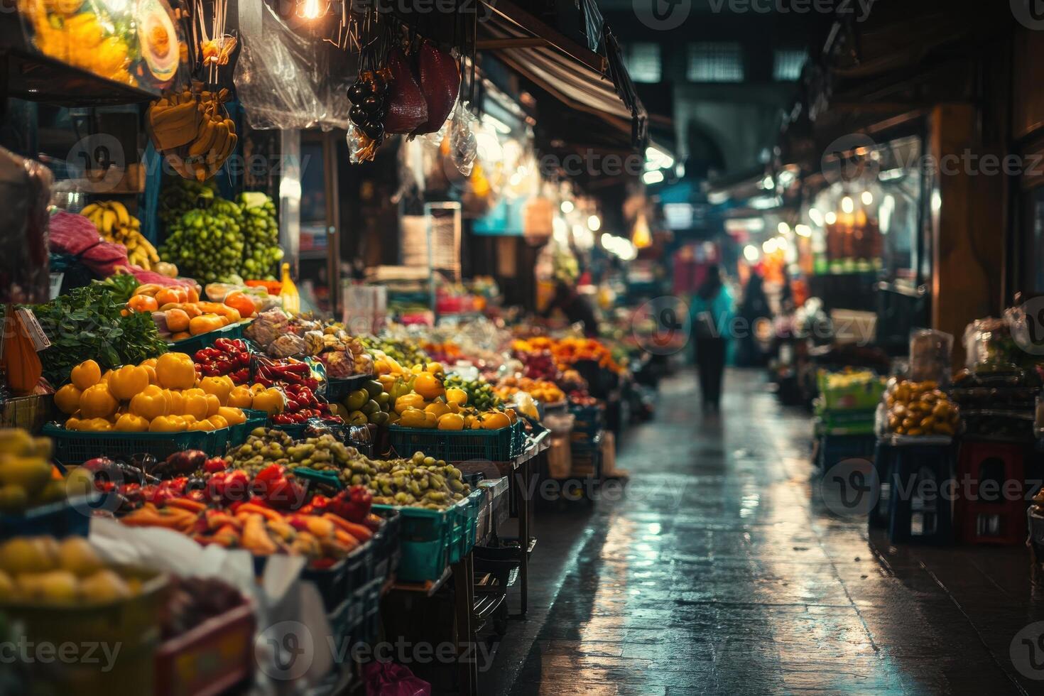 Vibrant night market filled with colorful fruits and vegetables in a bustling urban setting photo
