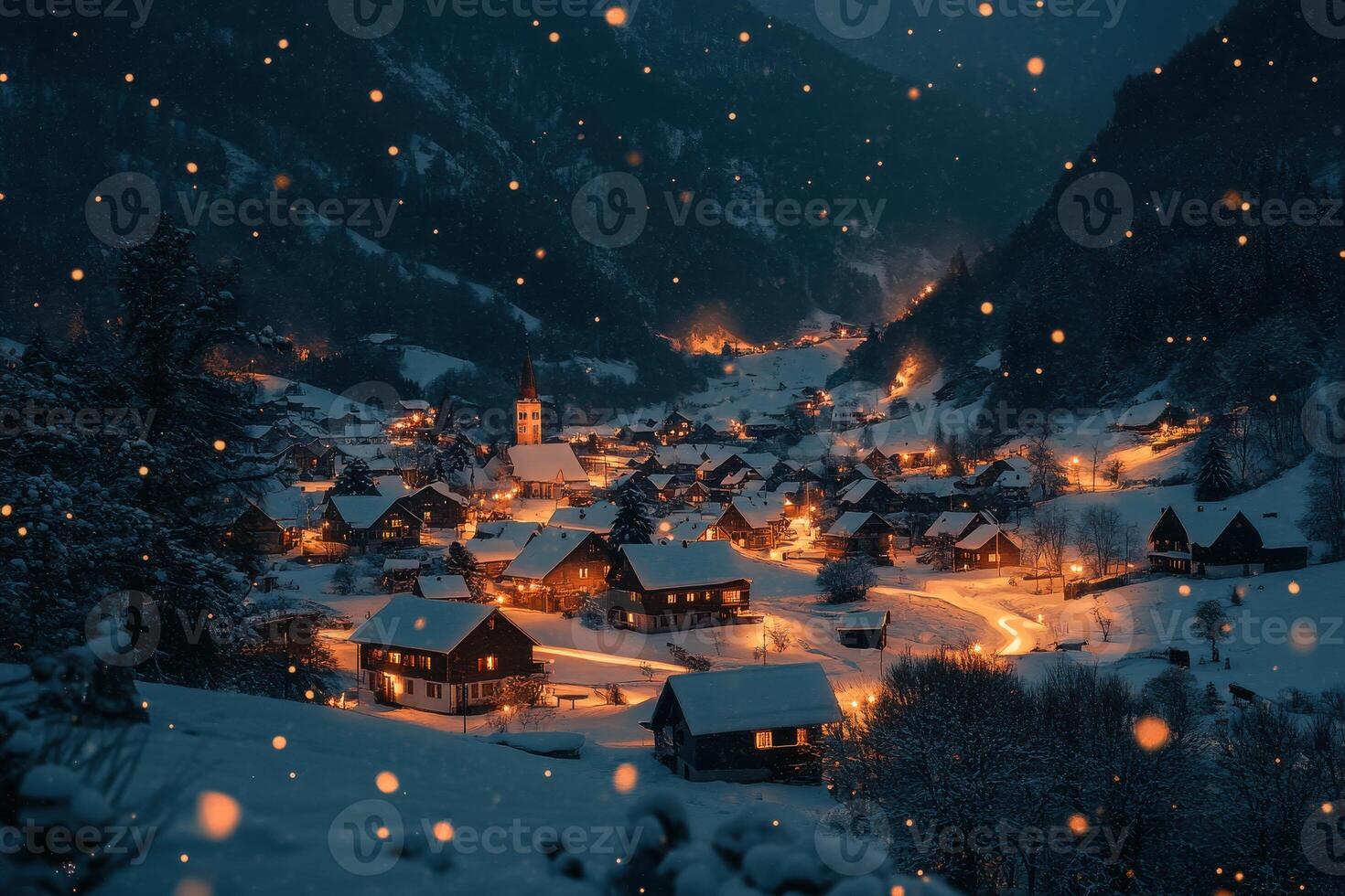 Snow-covered village illuminated by warm lights during a winter night in a mountainous landscape photo