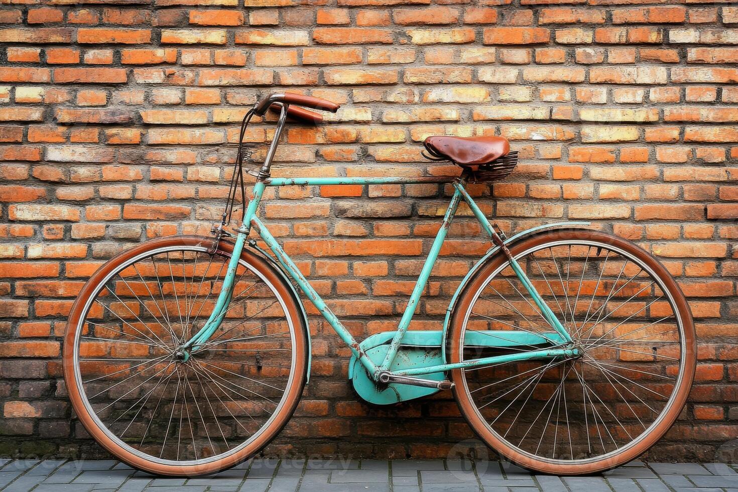 Vintage bicycle resting against a rustic brick wall in a quaint urban setting during the afternoon photo