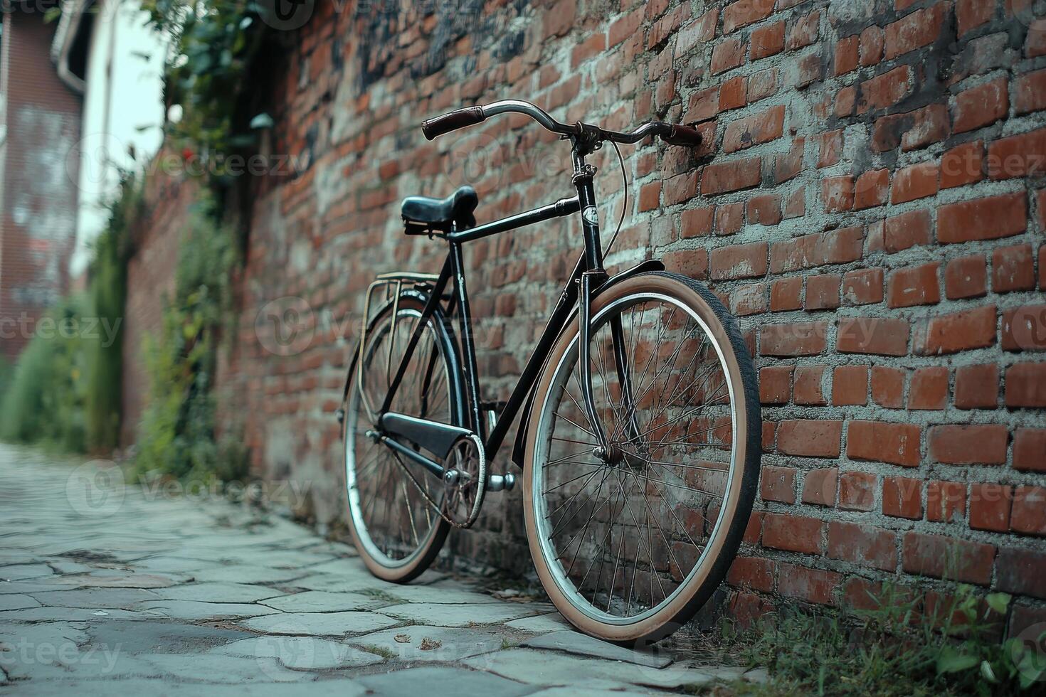 Classic bicycle leaning against a rustic brick wall on a quiet cobblestone path in the evening photo