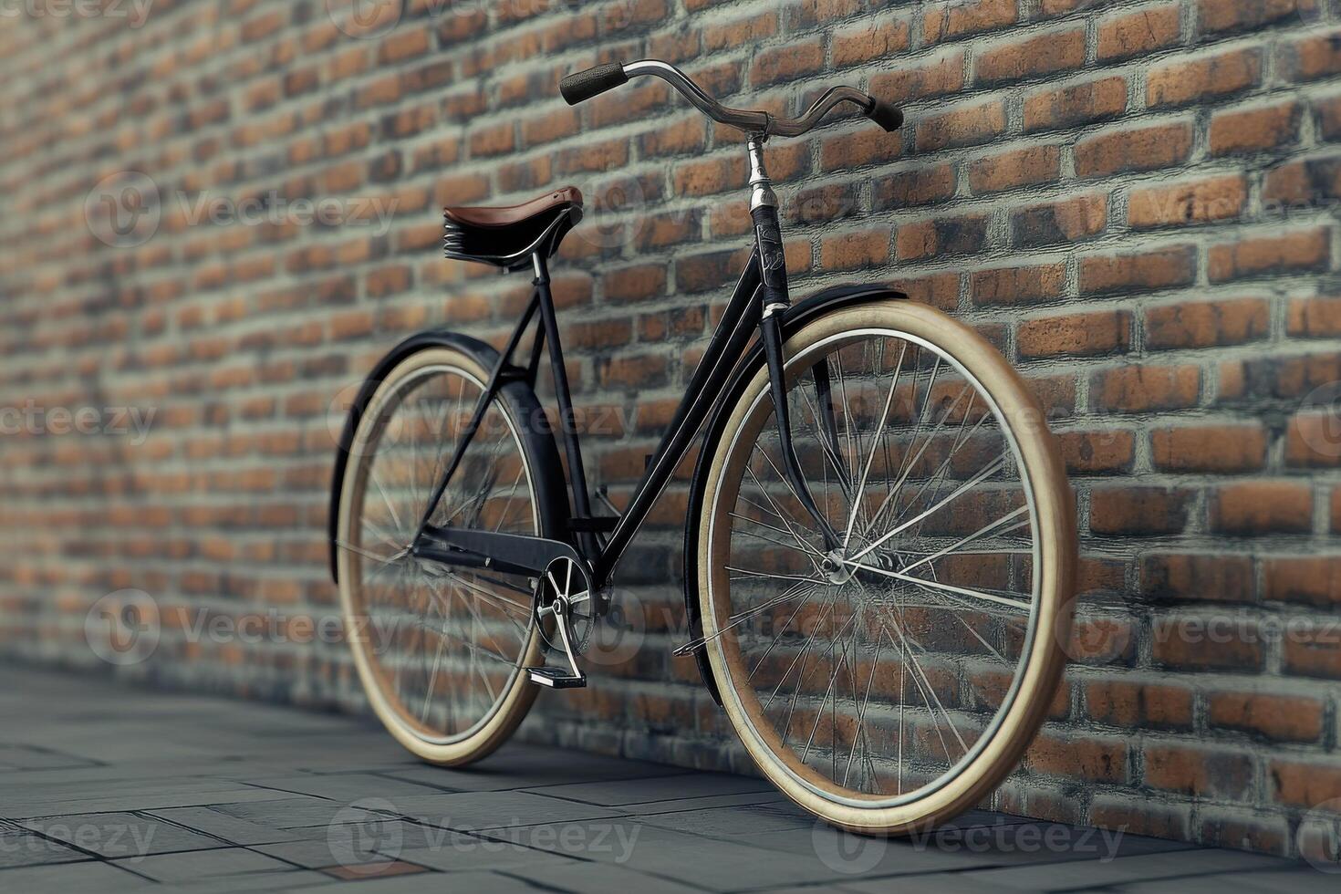 Classic bicycle leaning against a rustic brick wall on a cobblestone street photo