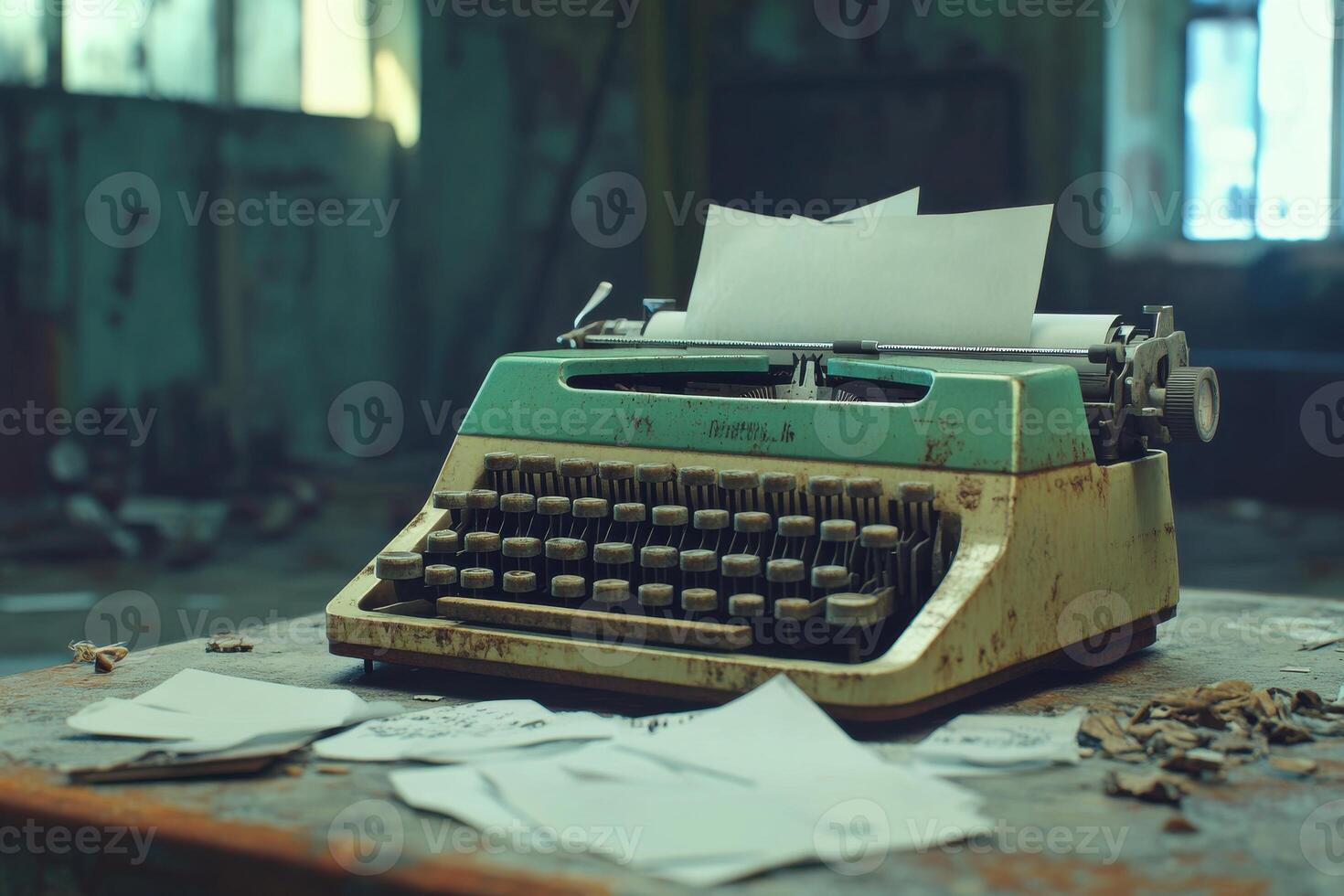 Antique typewriter sits on a dusty table surrounded by crumpled papers in an abandoned space photo