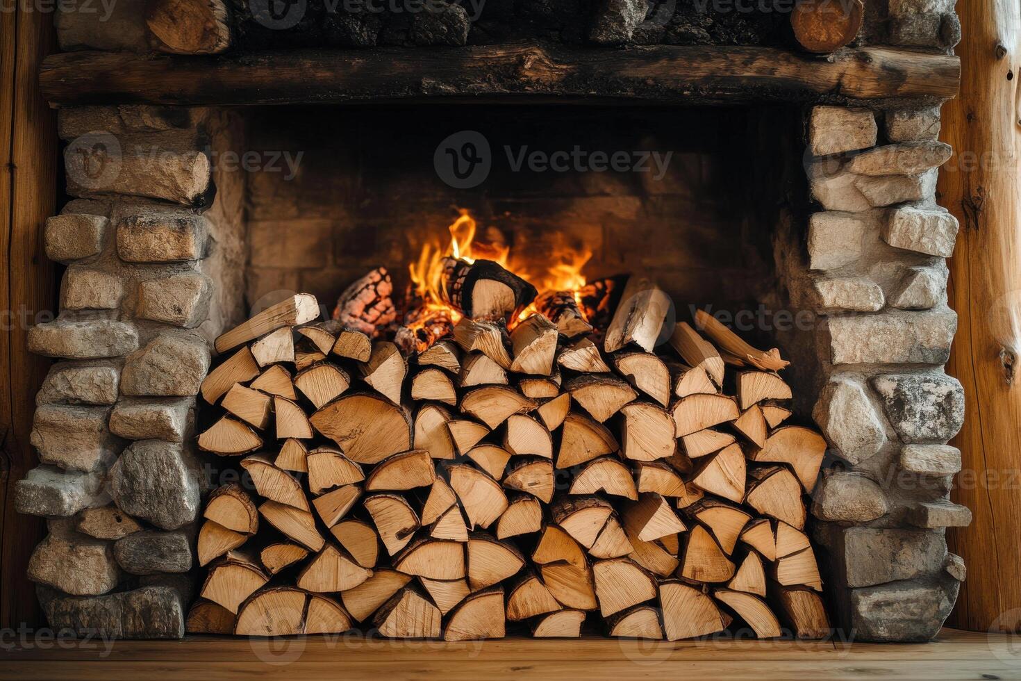 Cozy fireplace with stacked logs and a warm fire creating a rustic ambiance in a cabin setting photo