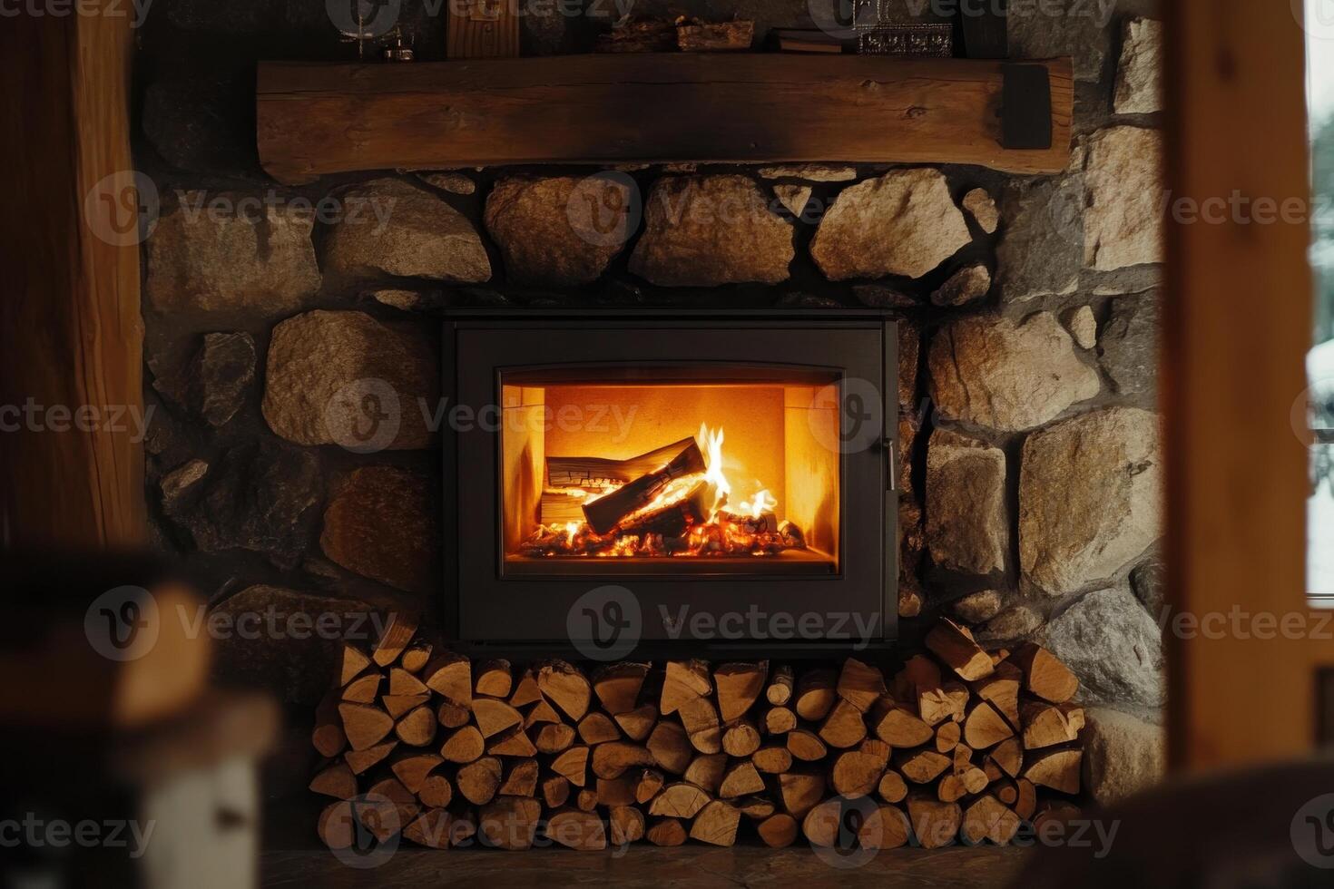 Cozy fireplace with stacked logs in a rustic cabin during winter evenings photo