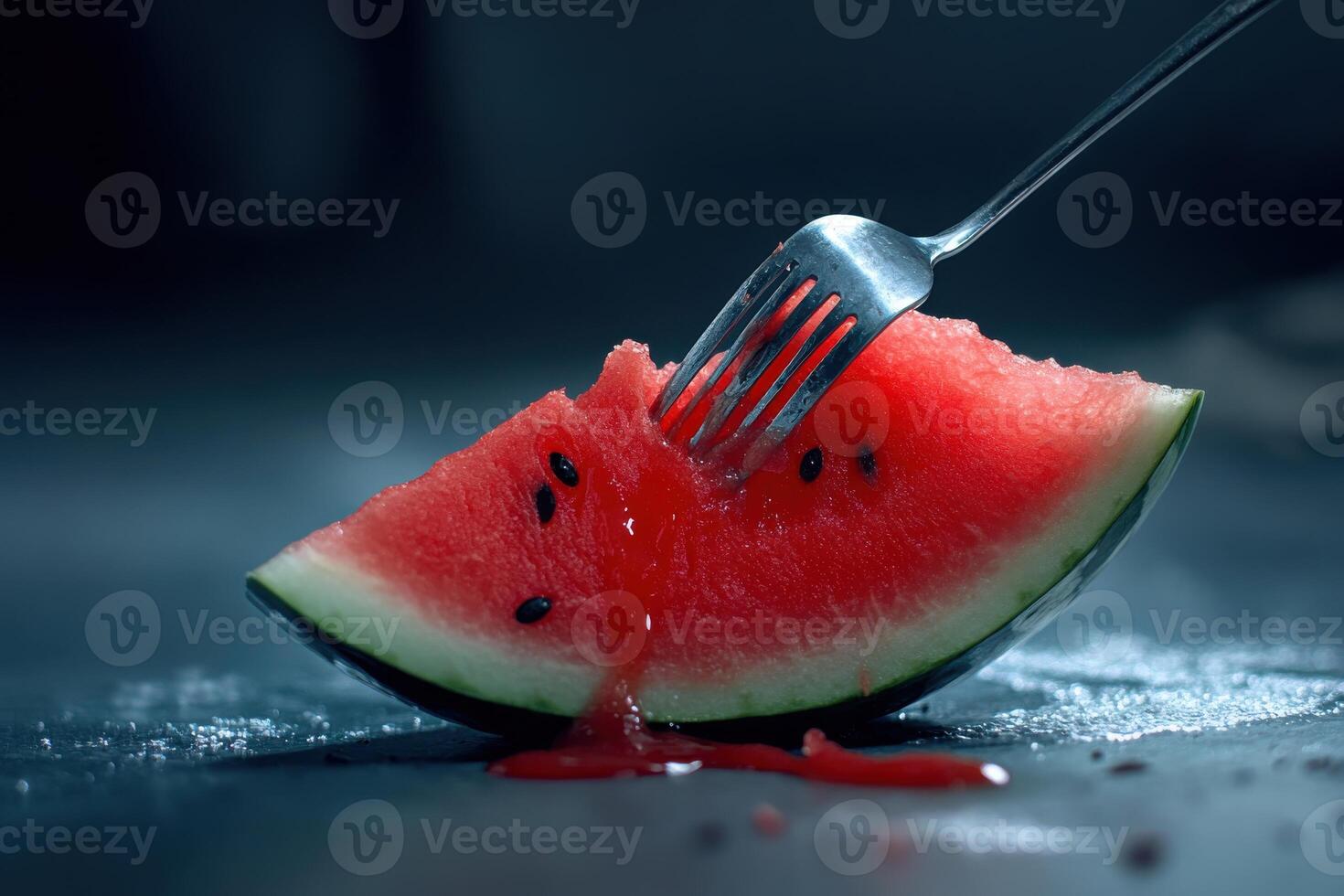 Juicy watermelon slice with fork in a dimly lit setting, capturing a refreshing summer treat photo