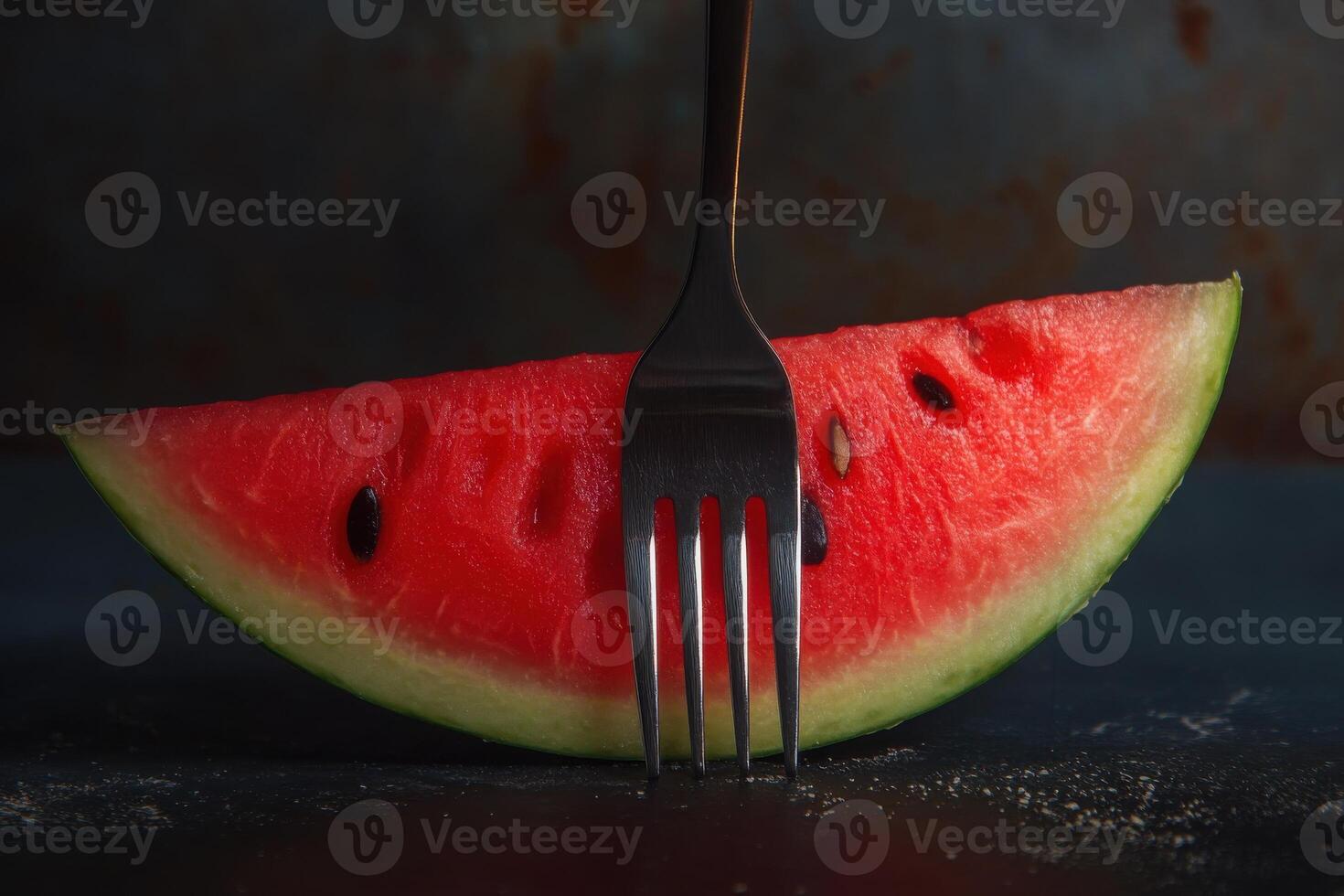 Fresh watermelon slice with fork resting on dark textured surface during daylight photo