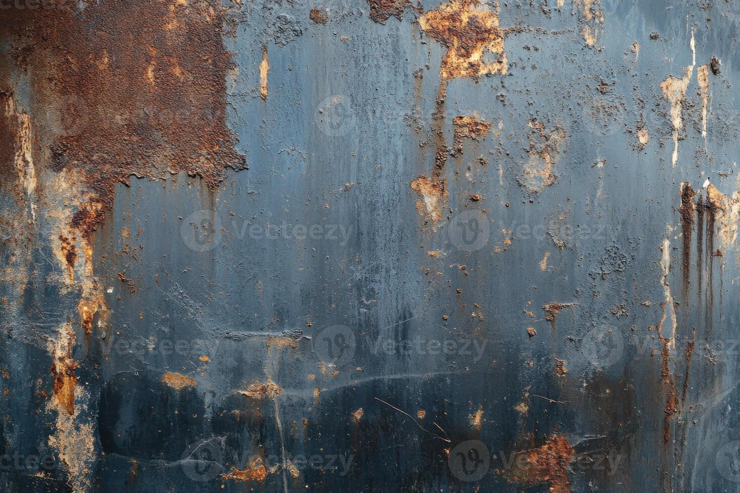 Weathered blue metal surface with rust spots and peeling paint in an urban environment photo