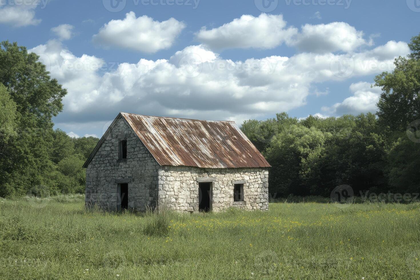 Abandoned stone house surrounded by lush green grass under a cloudy sky in the countryside photo