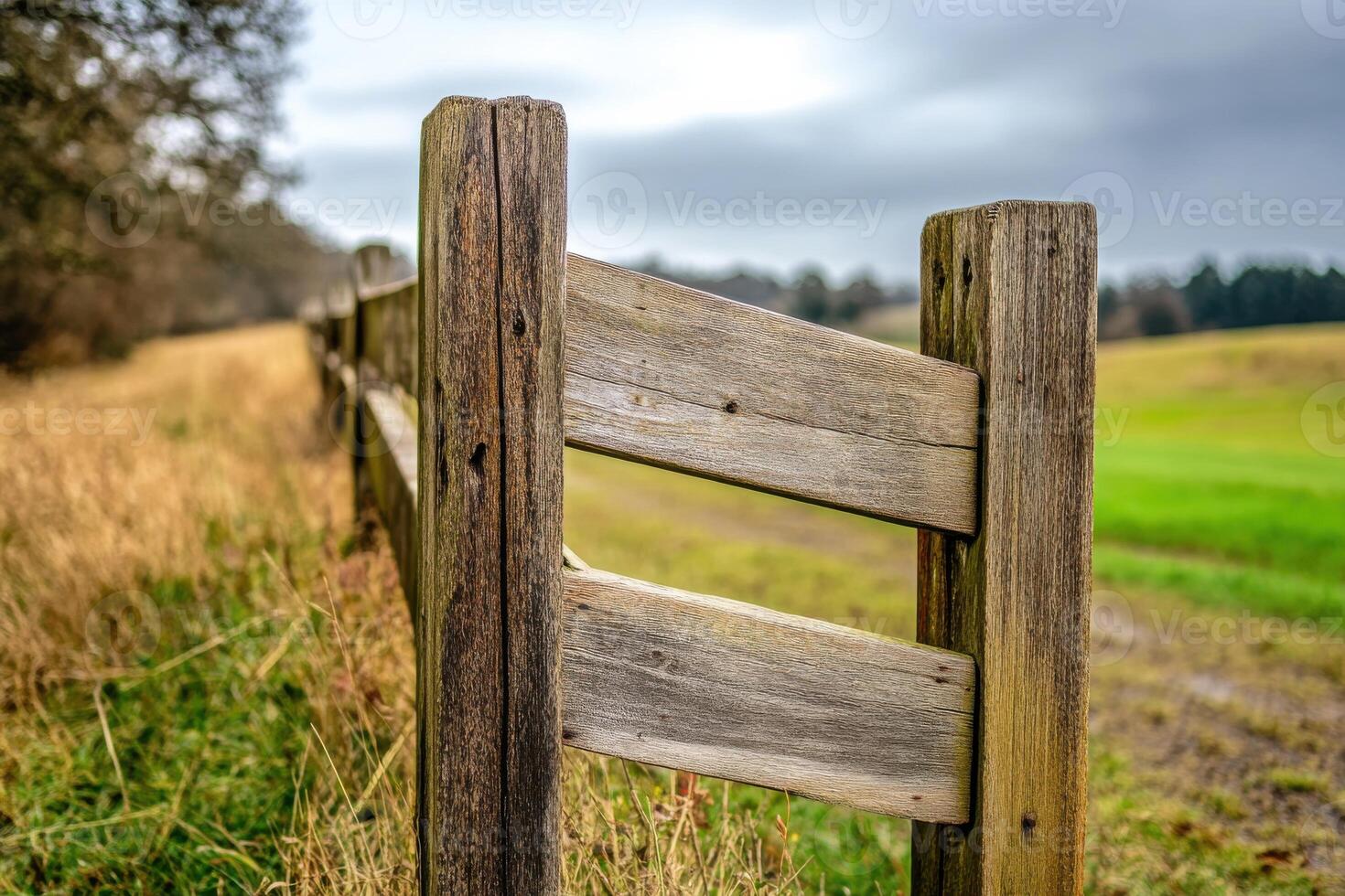 Weathered wooden fence lines a grassy field under an overcast sky in the countryside photo