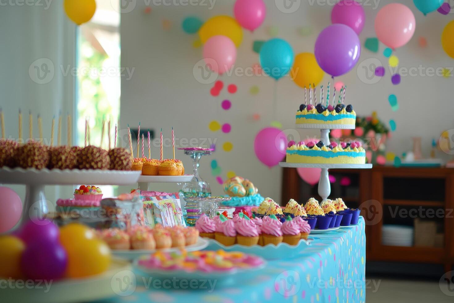 Colorful dessert table at a birthday celebration with balloons and party decorations photo