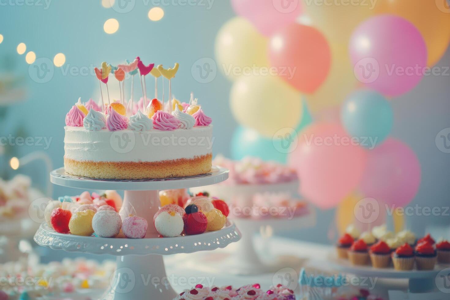 Colorful dessert table with a beautifully decorated cake and treats during a joyful celebration photo