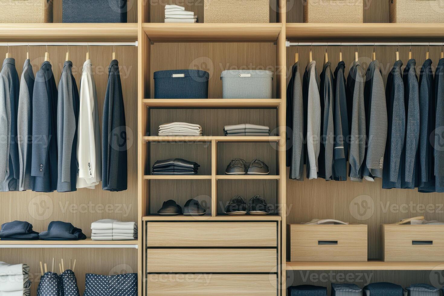 Organized closet with neatly arranged clothes, shoes, and storage baskets in a modern style photo