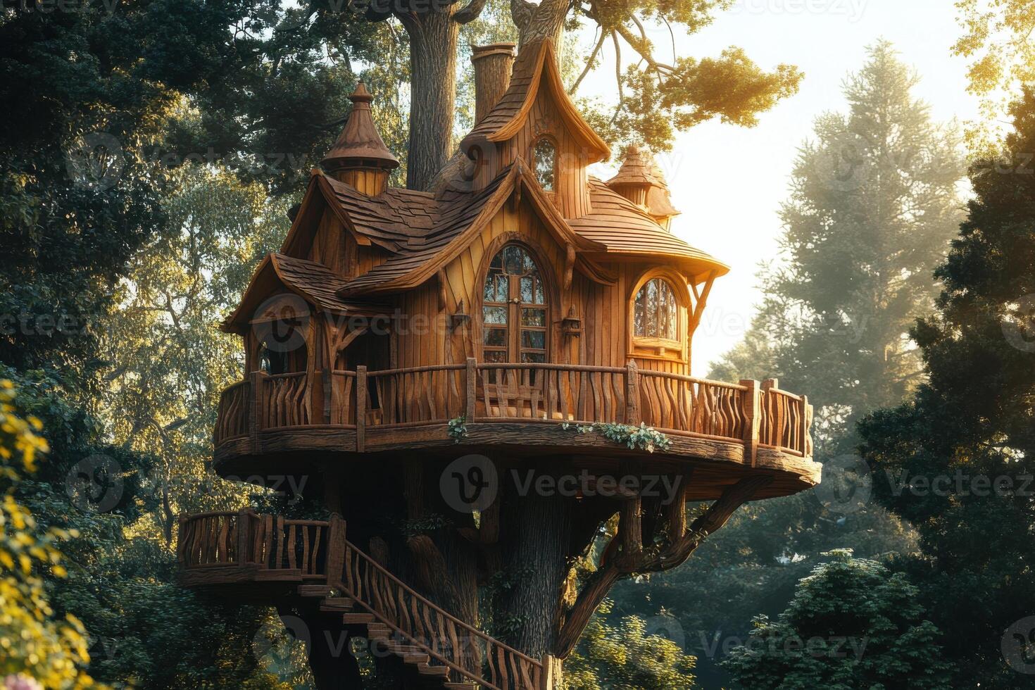 Enchanting wooden treehouse nestled among tall trees in a serene forest during golden hour photo