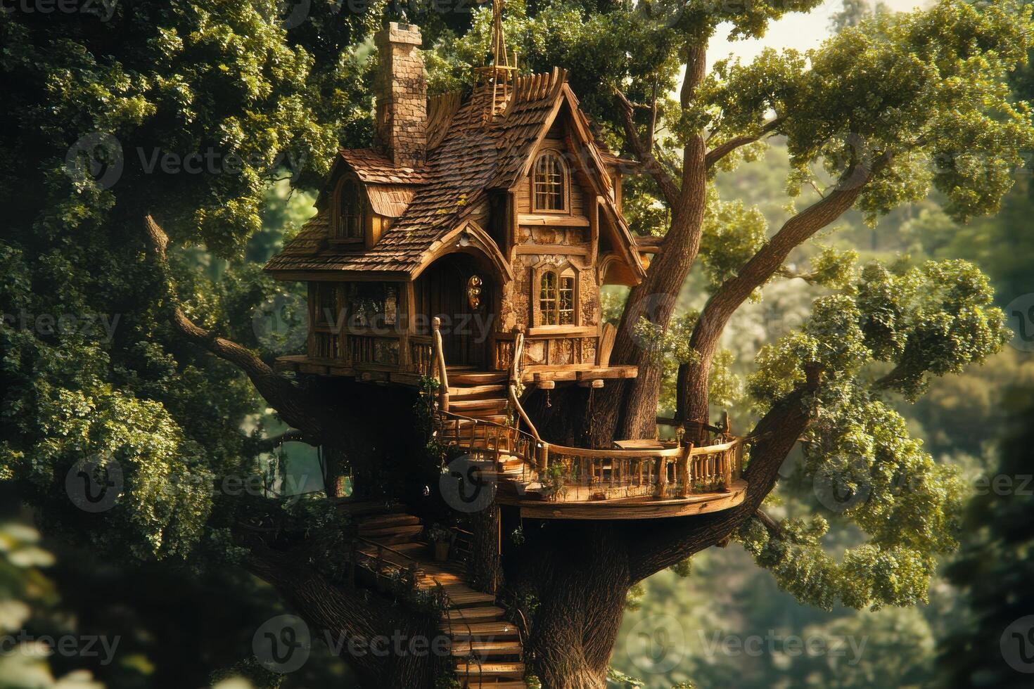 A whimsical treehouse nestled among lush green trees in a serene forest setting at golden hour photo