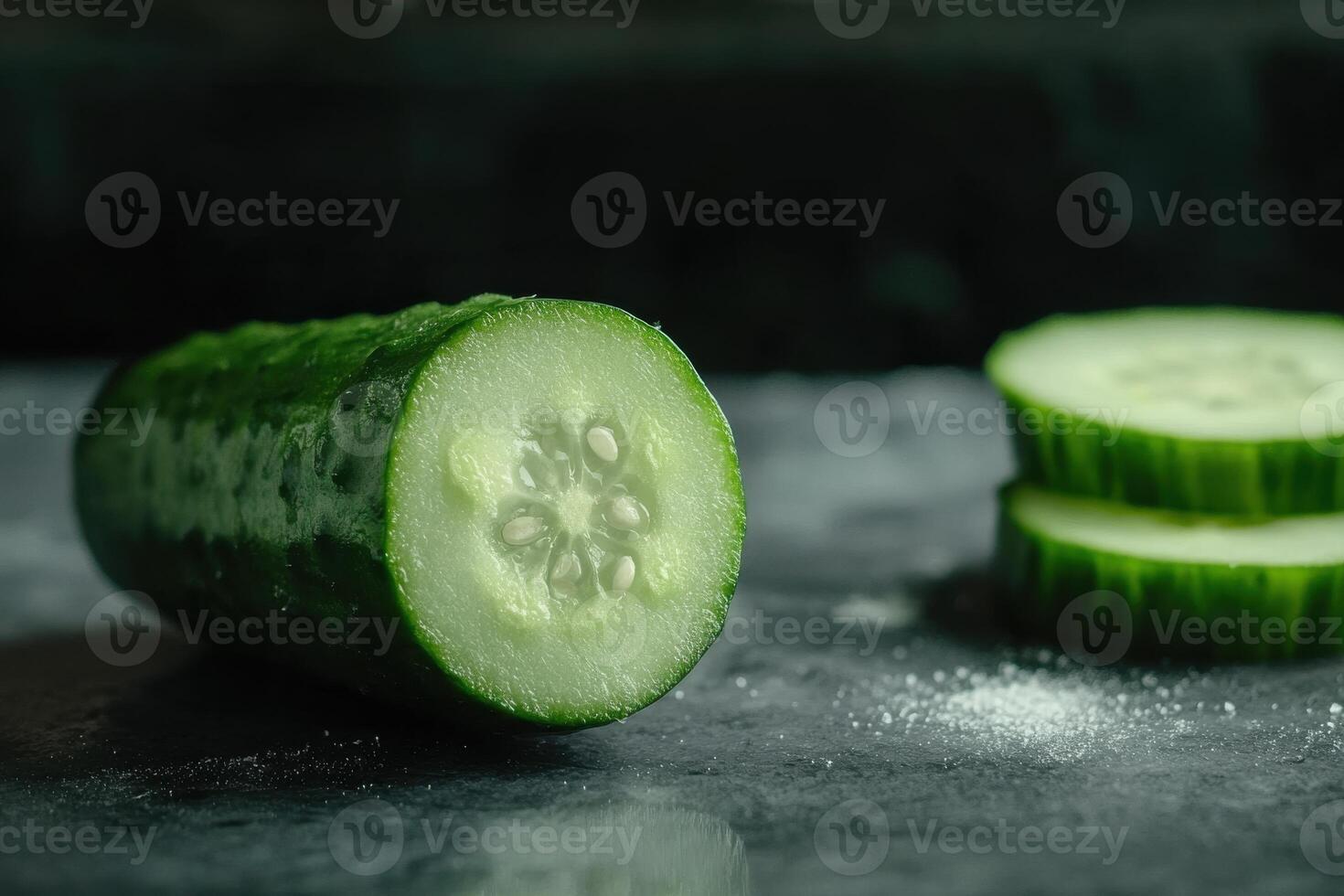 Freshly sliced cucumber resting on a dark countertop, showcasing its vibrant green interior photo