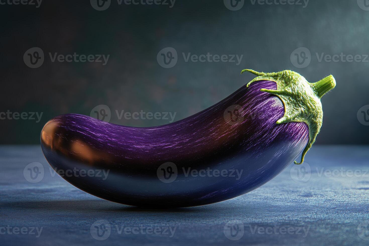 Close-up of a glossy, ripe eggplant on a dark surface in natural light showcasing its vibrant color photo