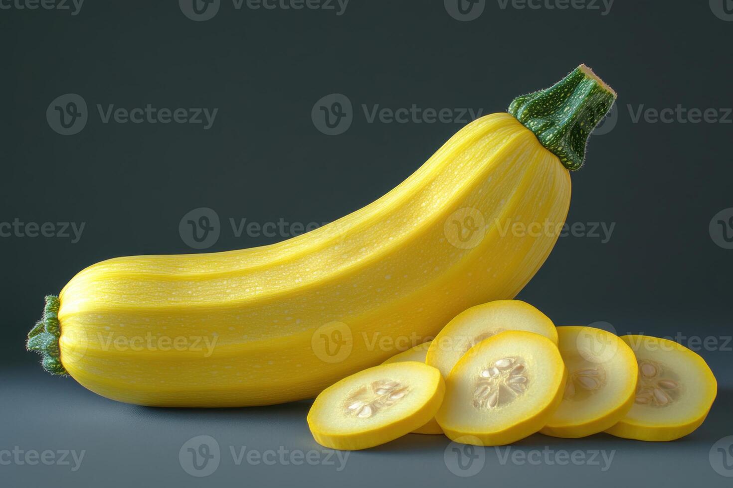 Fresh yellow squash with slices displayed on a gray background highlighting its texture and shape photo