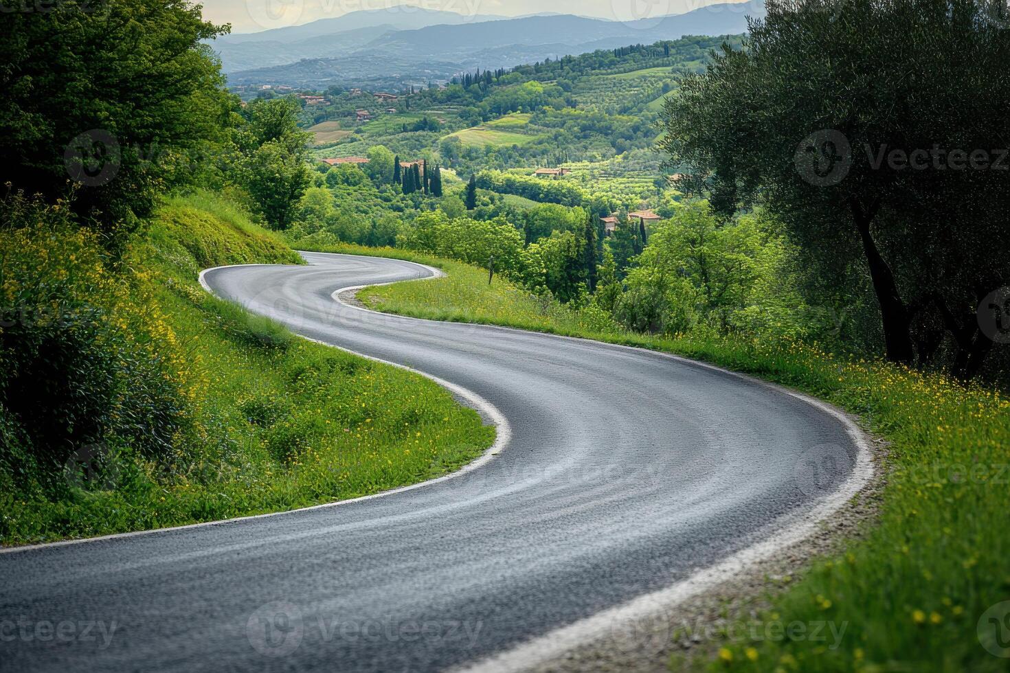 Winding road through lush green hills in Tuscany under a cloudy sky photo