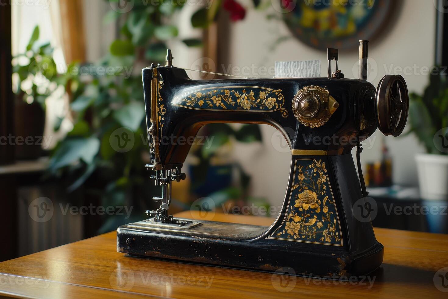 Vintage sewing machine displayed on a table surrounded by plants in a cozy indoor setting photo