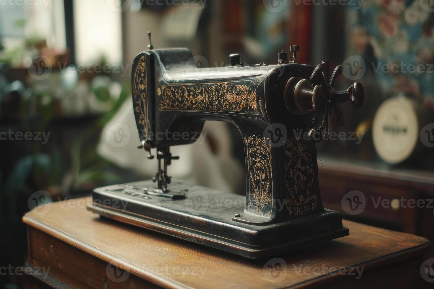 Antique sewing machine on display in a cozy, vintage-inspired workspace during daylight hours photo