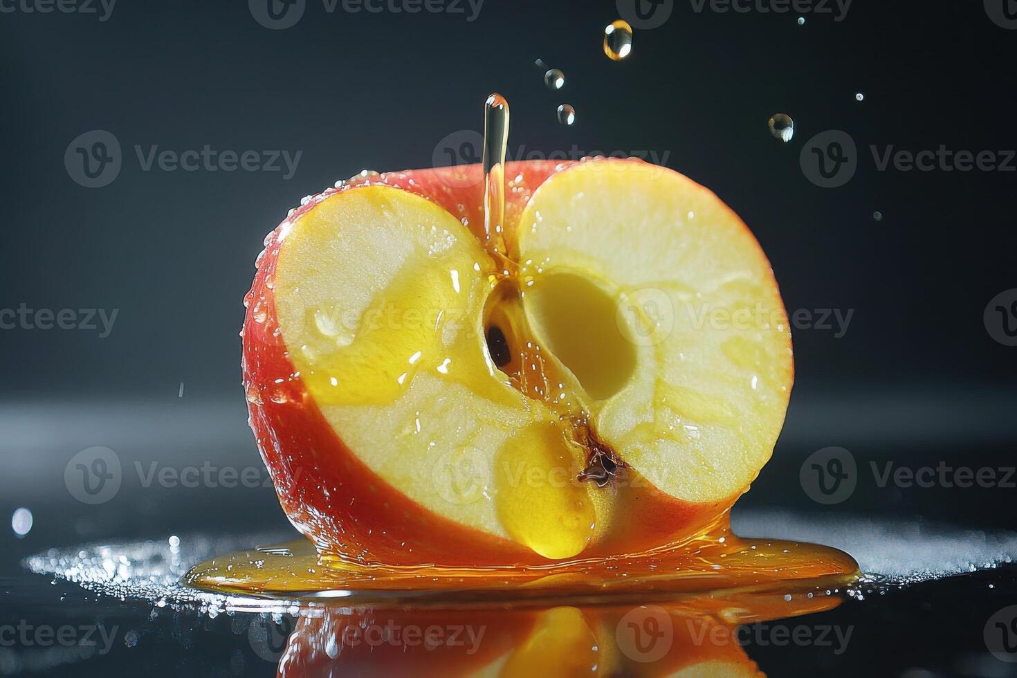 Juicy red apple sliced in half with honey dripping on a black background photo