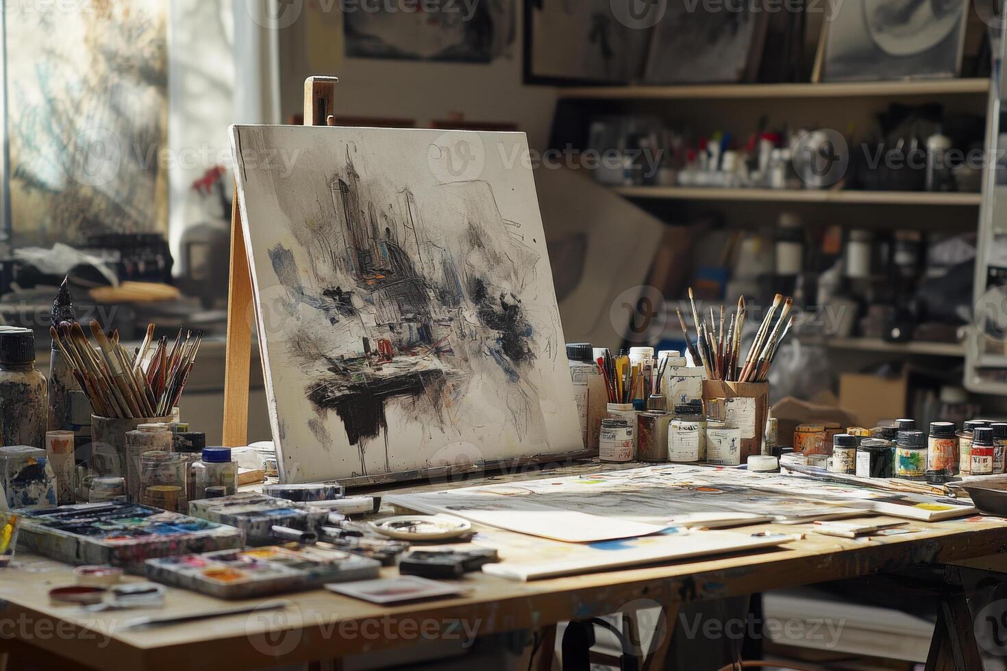 Artistic workspace filled with paint supplies and a canvas in a natural light studio photo