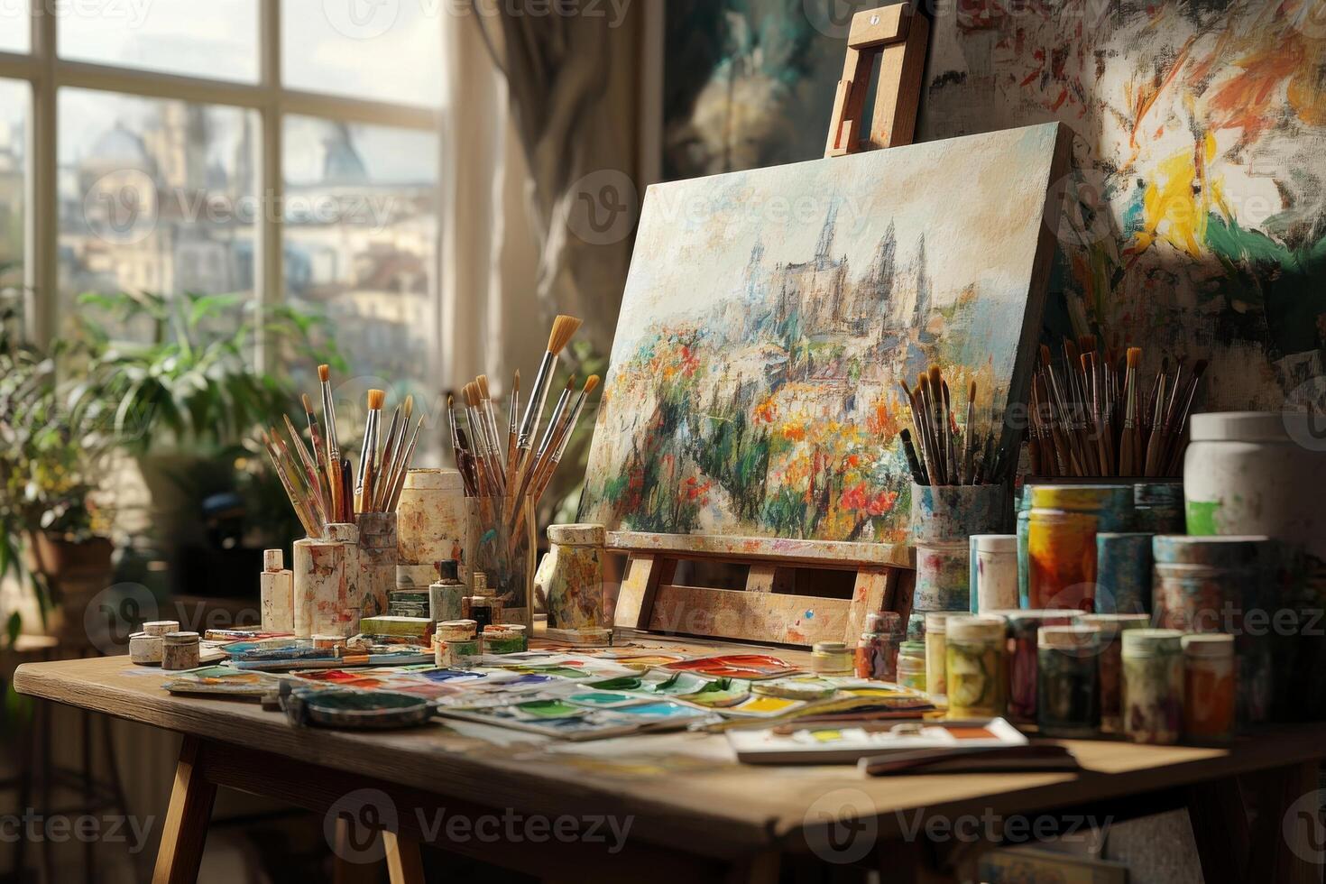 Artistic workspace with vibrant paints and brushes overlooking a scenic view in daylight photo