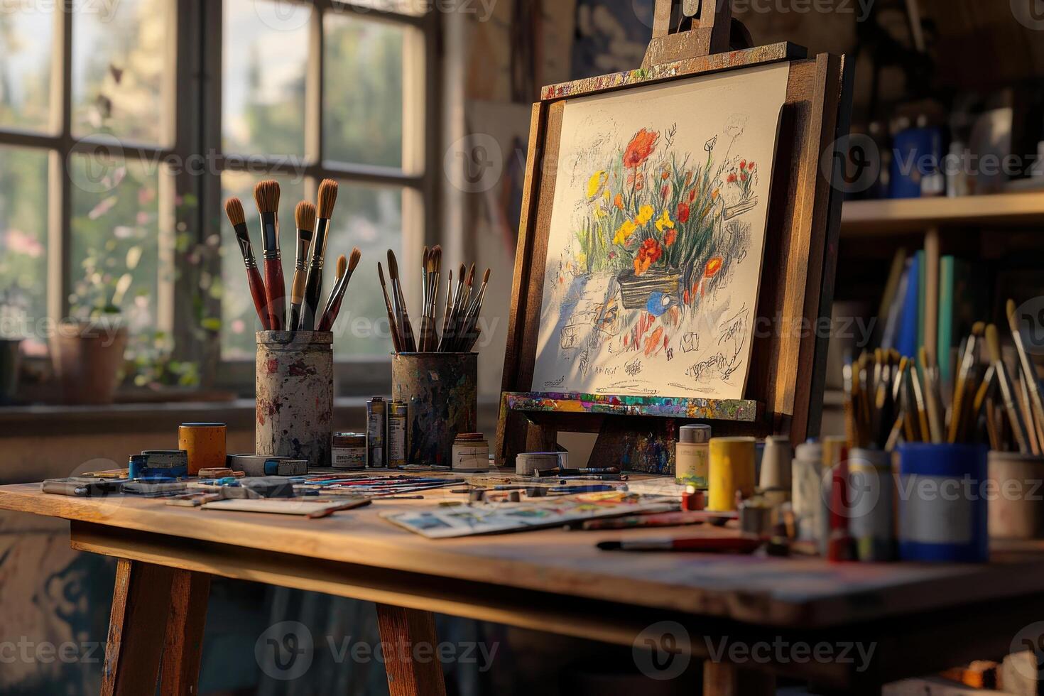 Artistic space with brushes and paints showcasing a colorful floral drawing in a bright room photo