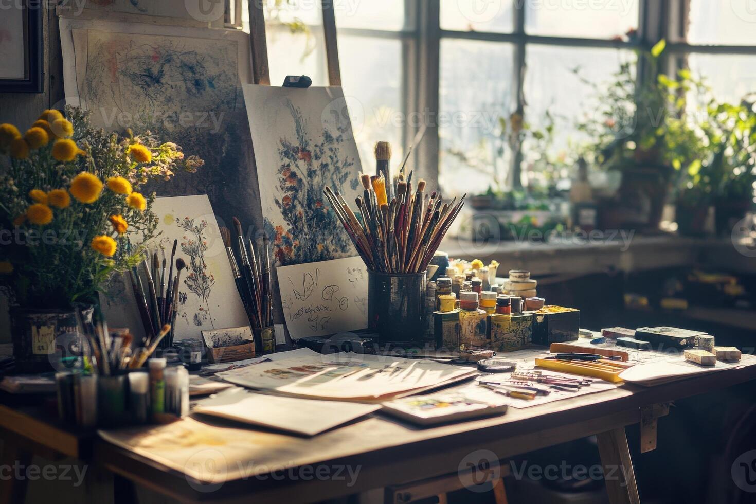 Artistic workspace filled with colorful paints, brushes, and vibrant flowers in the afternoon light photo