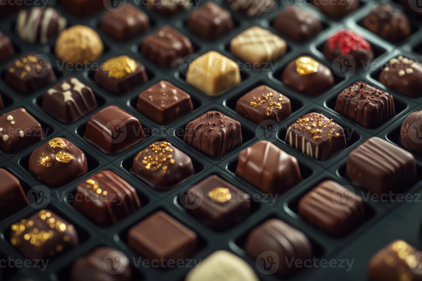 Assorted handcrafted chocolates elegantly displayed in a dark box on a wooden table photo
