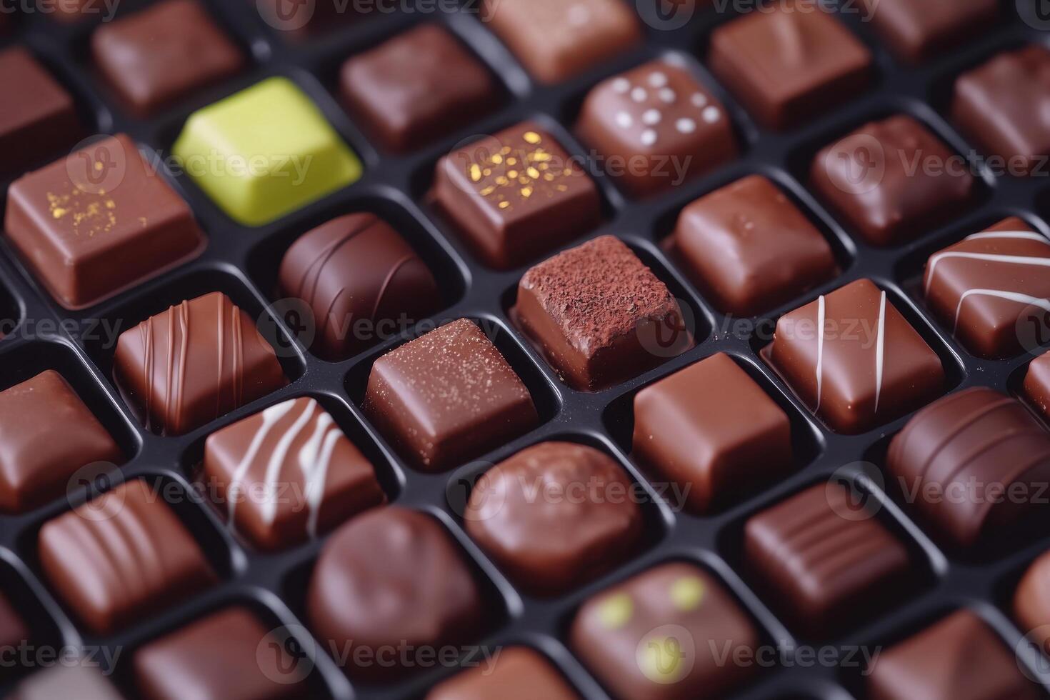 An assortment of gourmet chocolates displayed in a neat arrangement for indulgent tasting photo
