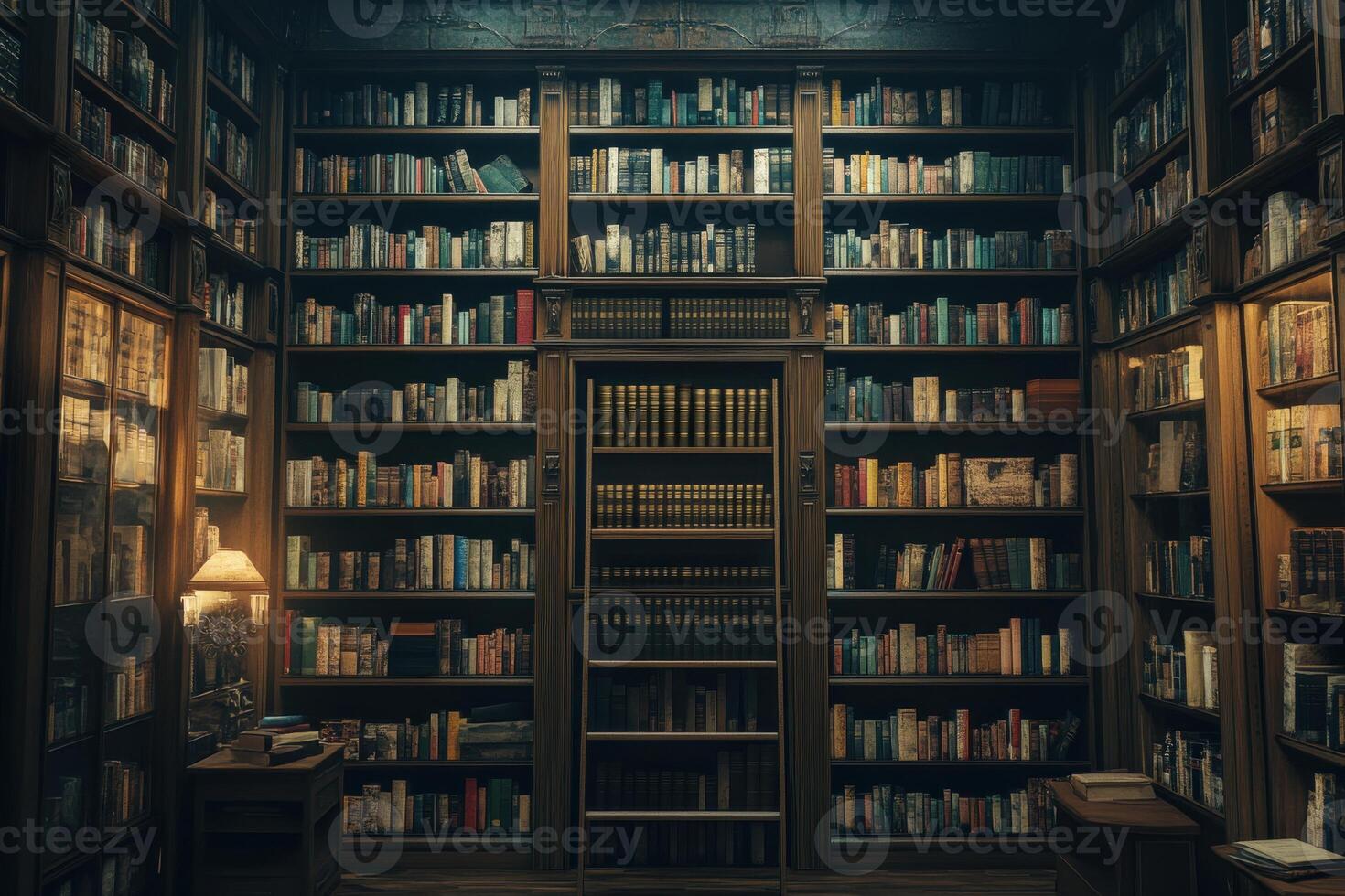 A cozy library filled with countless bookshelves in a vintage setting during late afternoon photo