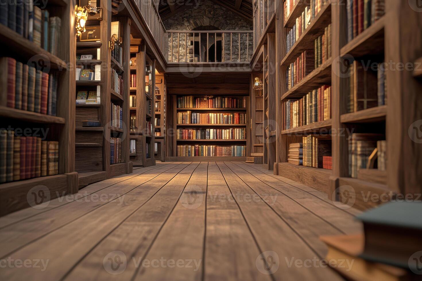 A spacious and quiet library filled with shelves of books in an old wooden building photo