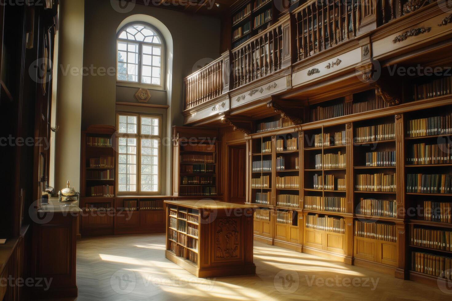 A tranquil afternoon in a historic library showcasing wooden shelves filled with books photo