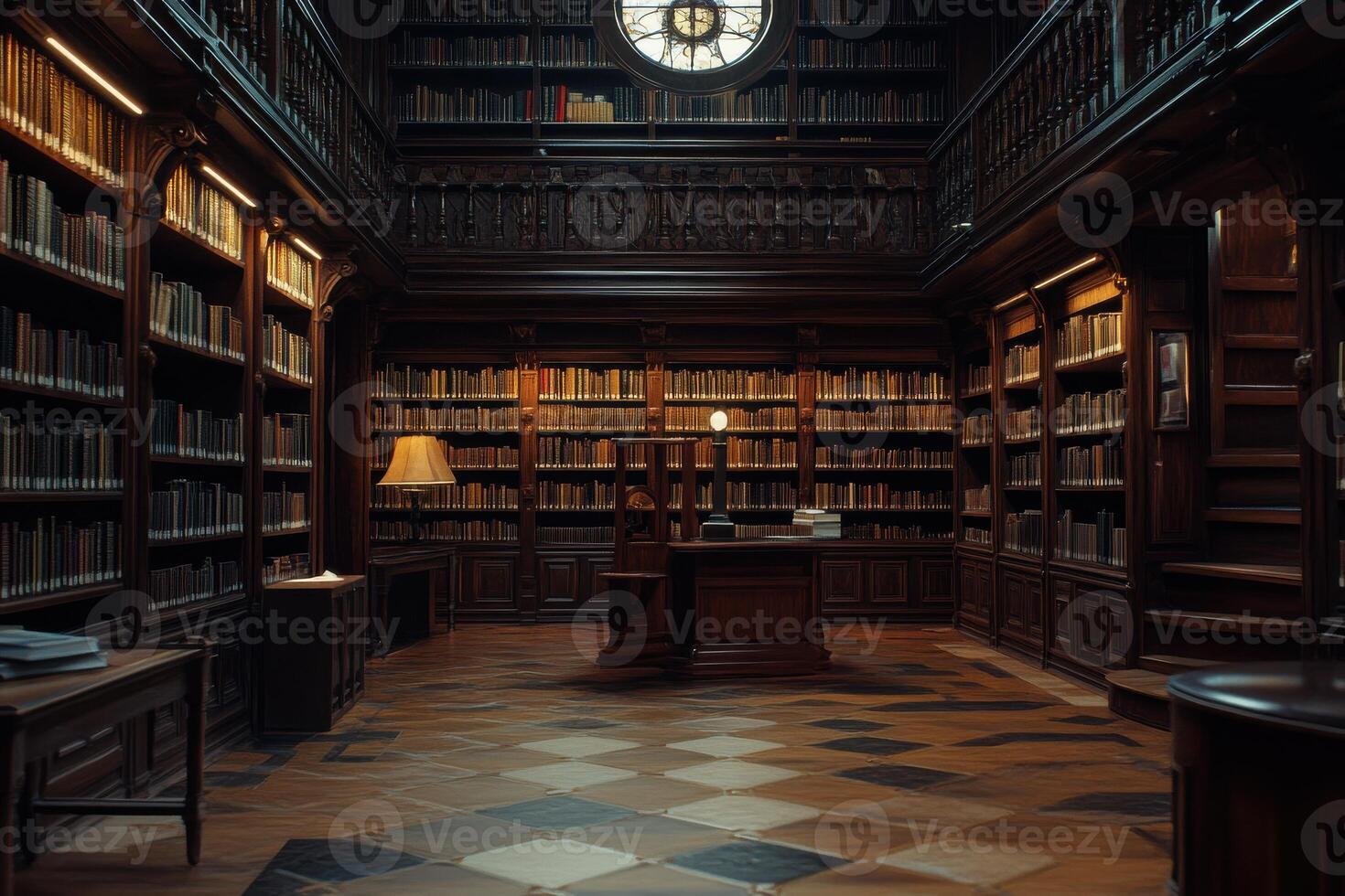 A cozy wooden library with tall bookshelves and a warm lamp during the late afternoon photo