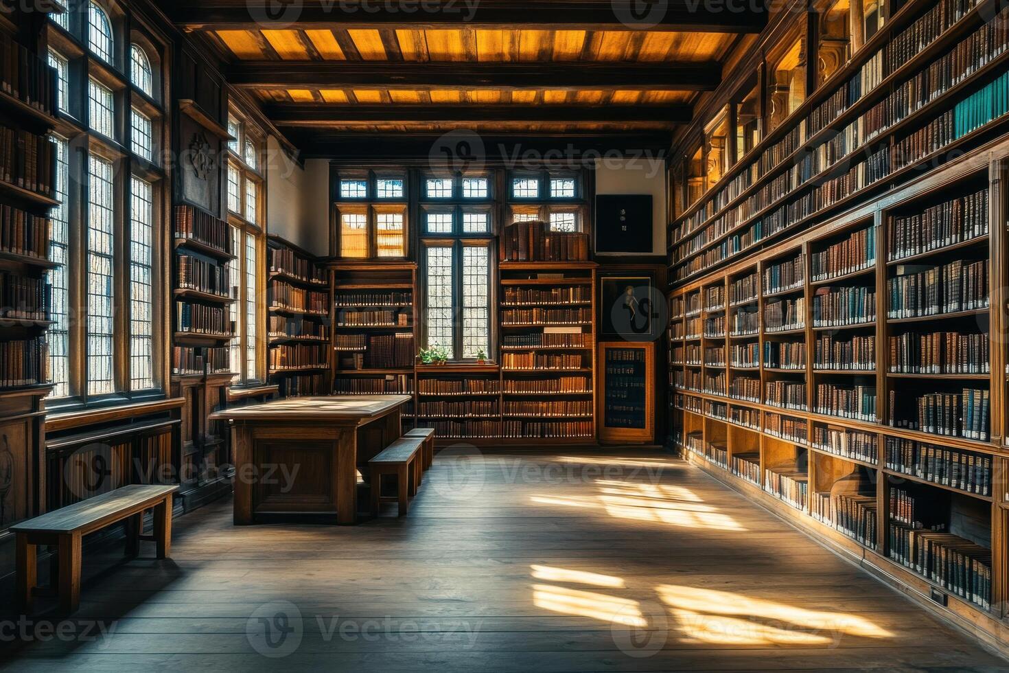 Historical library interior with wooden architecture in the afternoon light photo