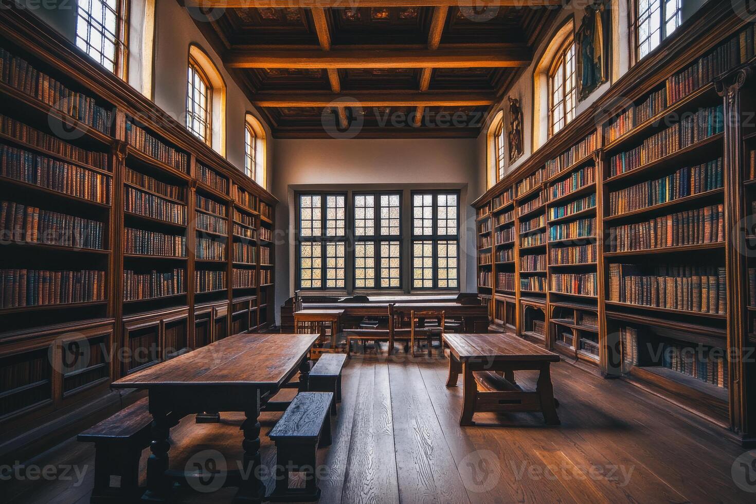 Quiet reading room in an old library with wooden shelves filled with books during daylight photo