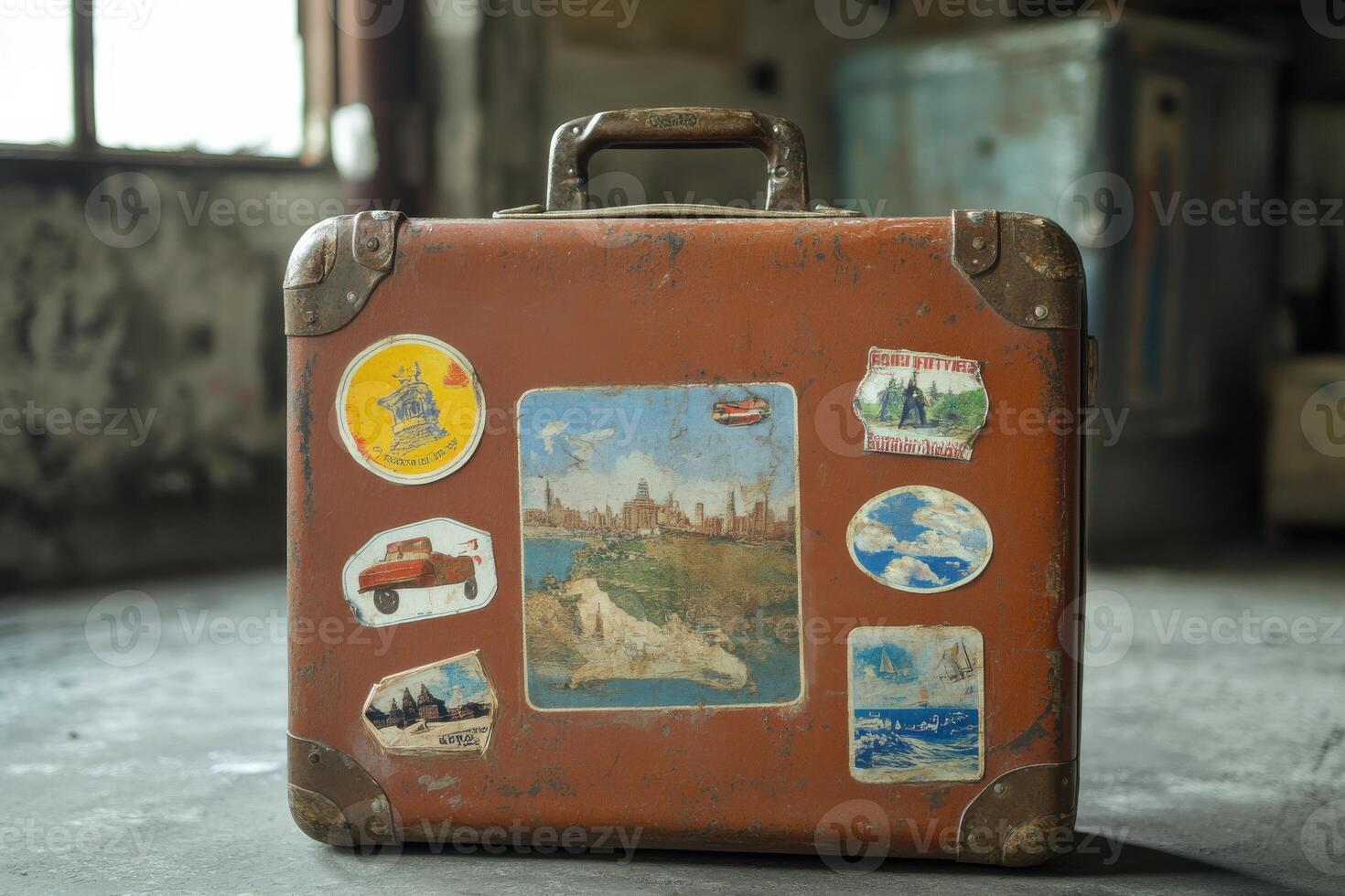 Vintage suitcase with travel stickers resting in an abandoned building during daylight hours photo