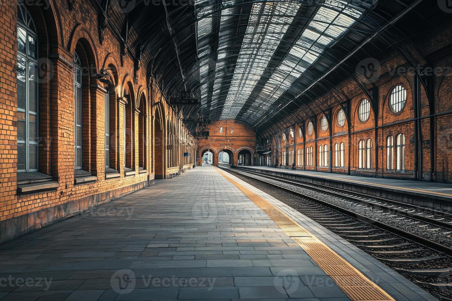 Historic railway station platform with arched windows and brick architecture during daylight photo