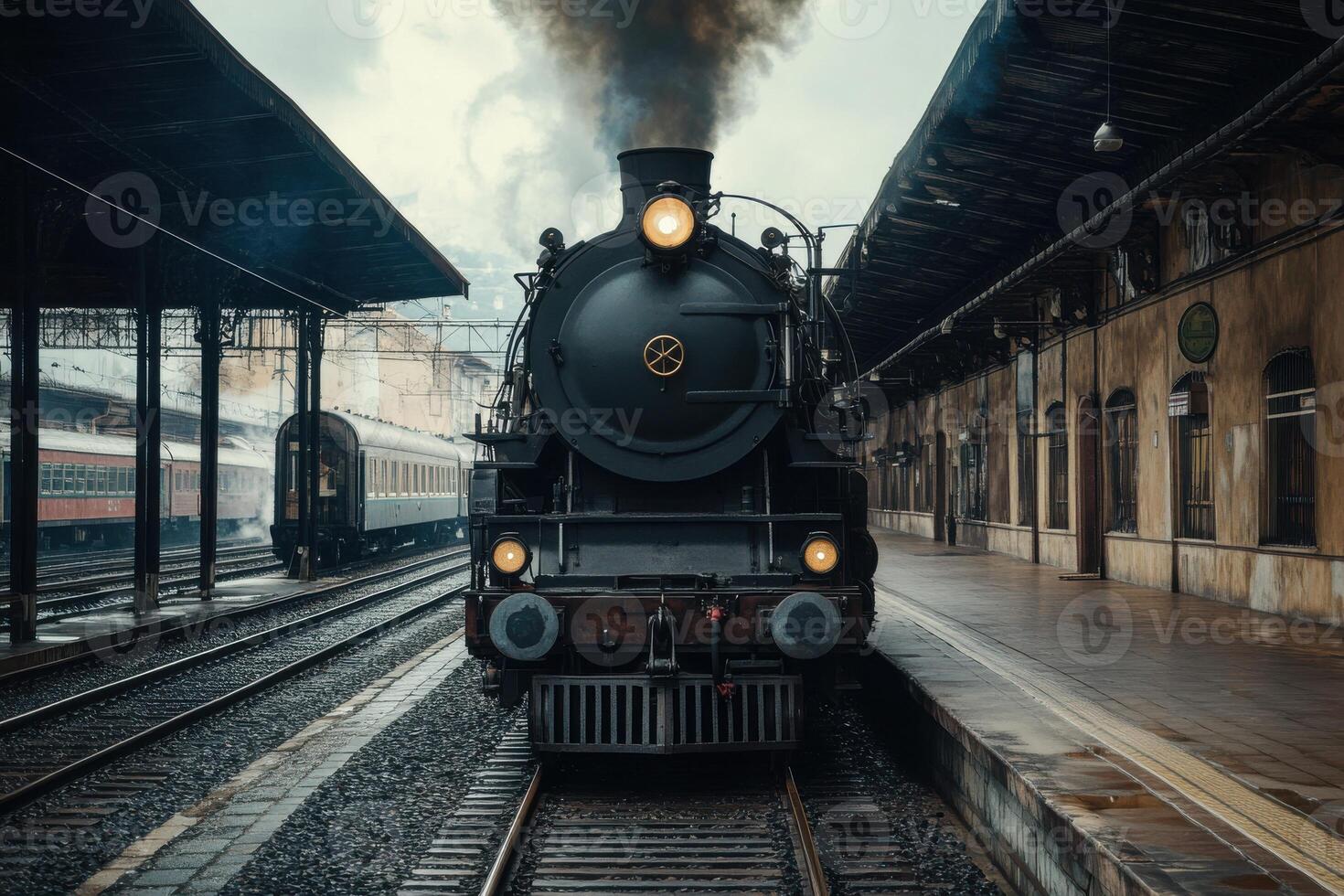Historic steam locomotive arrives at an old train station on a cloudy day in the early morning photo