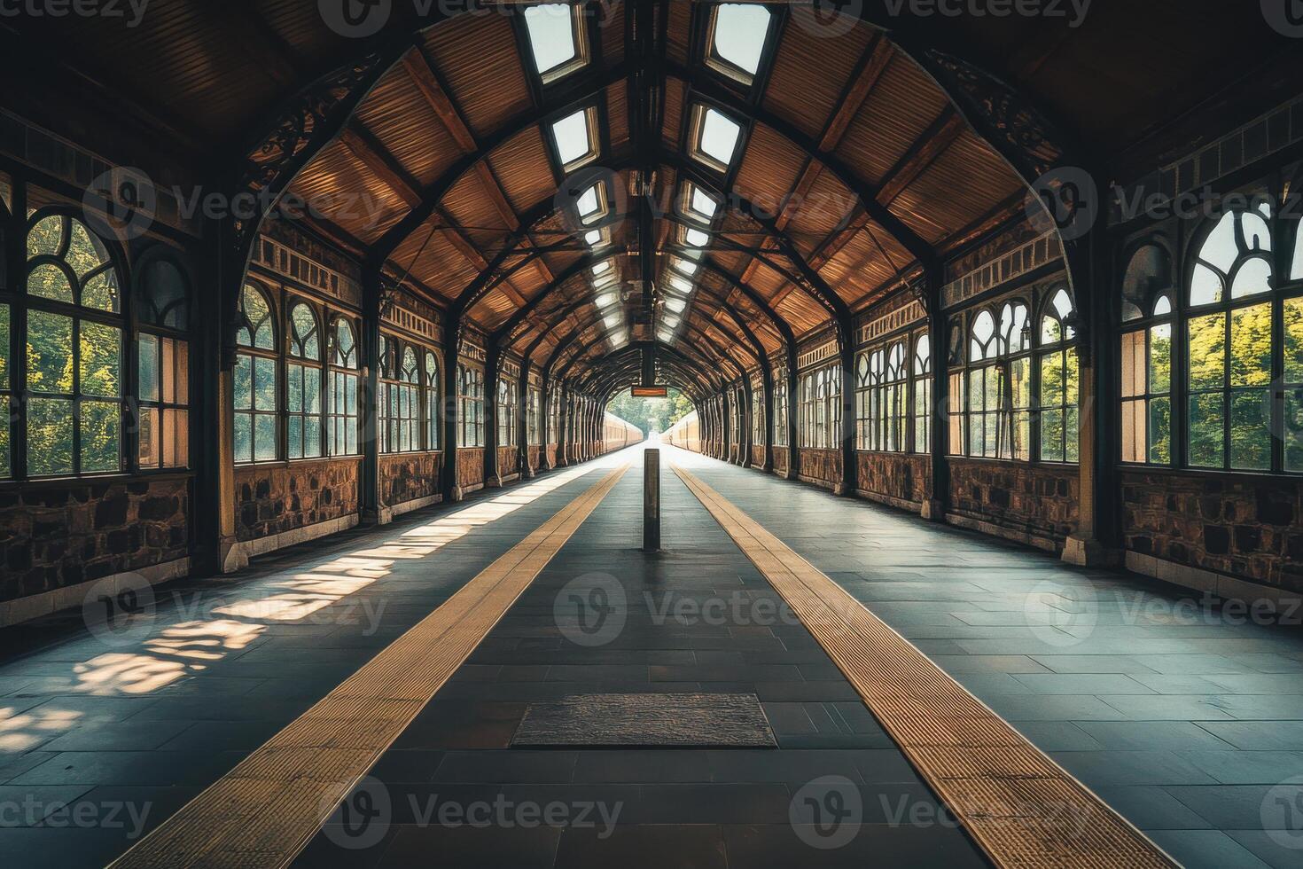 A serene railway platform with sunlight streaming through large windows on a quiet morning photo